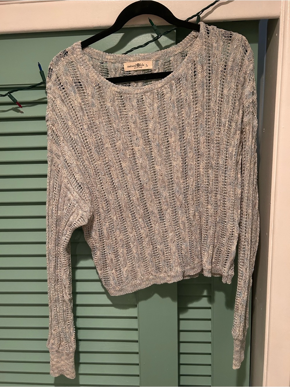NATURAL LIFE Heathered Light Gray Open-Weave Crewneck Sweater